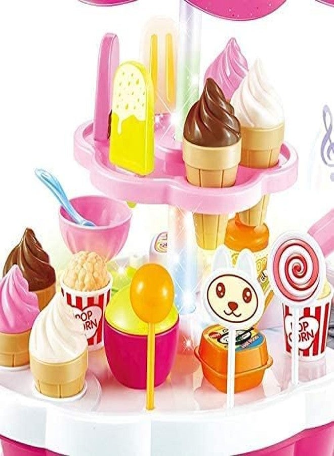 RENARSH Plastic Ice Cream Sweet Trolley Cart Pretend Play Set with Music and Lights Toys for Girls, Colour Pink 39 Accessories - Image 2
