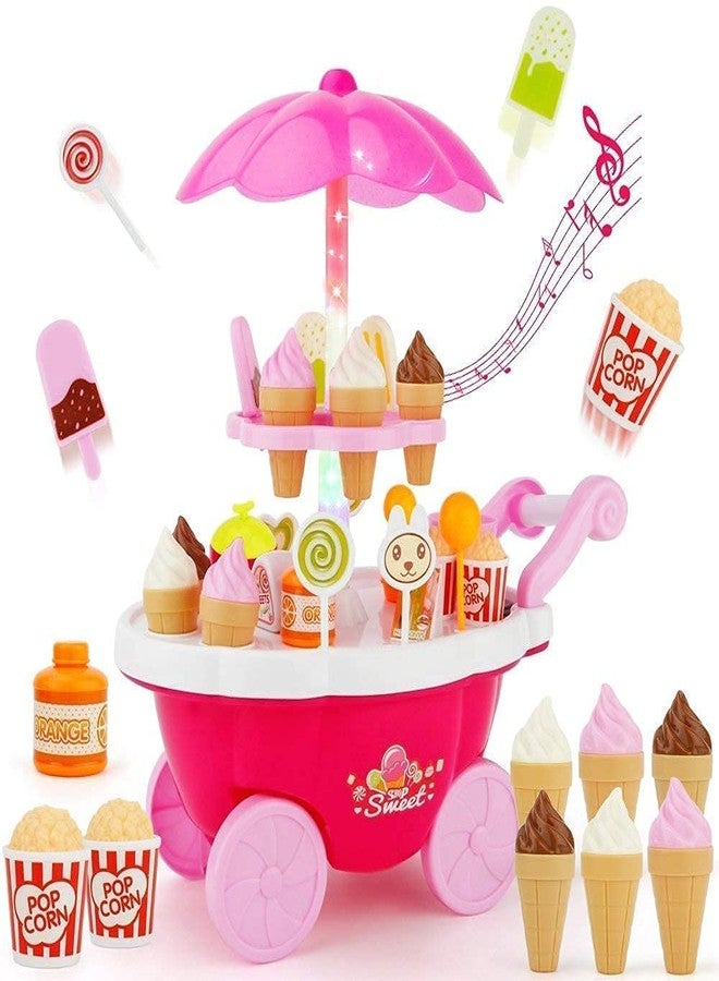 RENARSH Plastic Ice Cream Sweet Trolley Cart Pretend Play Set with Music and Lights Toys for Girls, Colour Pink 39 Accessories - Image 1