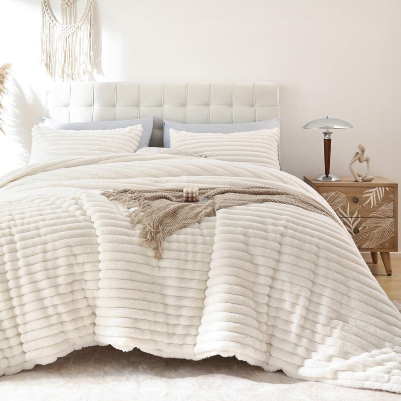 Smoofy Fluffy Twin Comforter Sets 2 Pieces - Cream White Fleece Fluffy Comforter Set, Luxury Fuzzy Twin Bedding Set, Soft Warm Comforter All Season, Heavy Faux Fur Comforter with Pillow Cases - Image 1