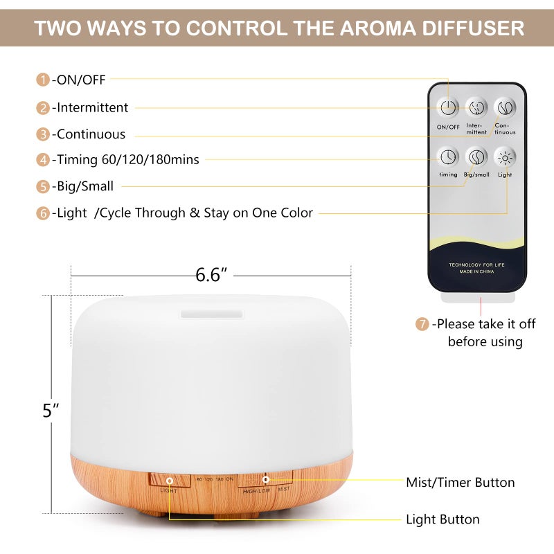 Homeweeks Aromatherapy Essential Oil Diffuser for Room: Colorful Aroma Air Humidifier with Adjustable Cool Mist Mode, Waterless Auto Off Ultrasonic Diffusers for Large Small Room Home Office 500ML - Image 3