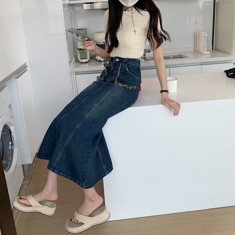 Plus Size Fat Mm Denim Skirt 2025 High Waist Fishtail A-Line Skirt Retro Over-The-Knee Mid-Length Skirt - Image 4