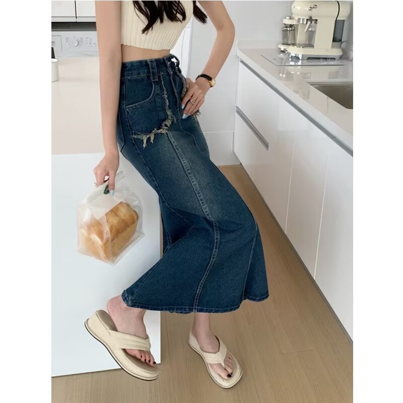 Plus Size Fat Mm Denim Skirt 2025 High Waist Fishtail A-Line Skirt Retro Over-The-Knee Mid-Length Skirt - Image 2