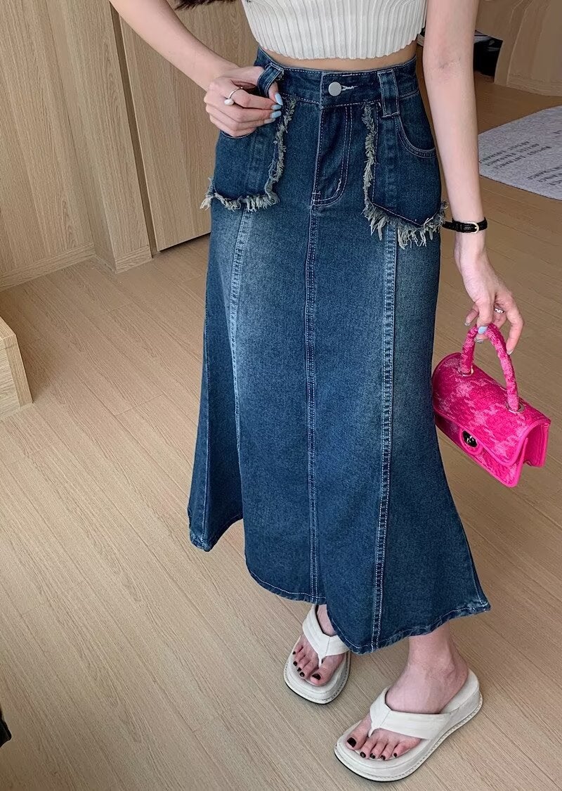 Plus Size Fat Mm Denim Skirt 2025 High Waist Fishtail A-Line Skirt Retro Over-The-Knee Mid-Length Skirt - Image 1