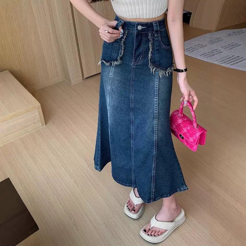 Plus Size Fat Mm Denim Skirt 2025 High Waist Fishtail A-Line Skirt Retro Over-The-Knee Mid-Length Skirt - Image 5