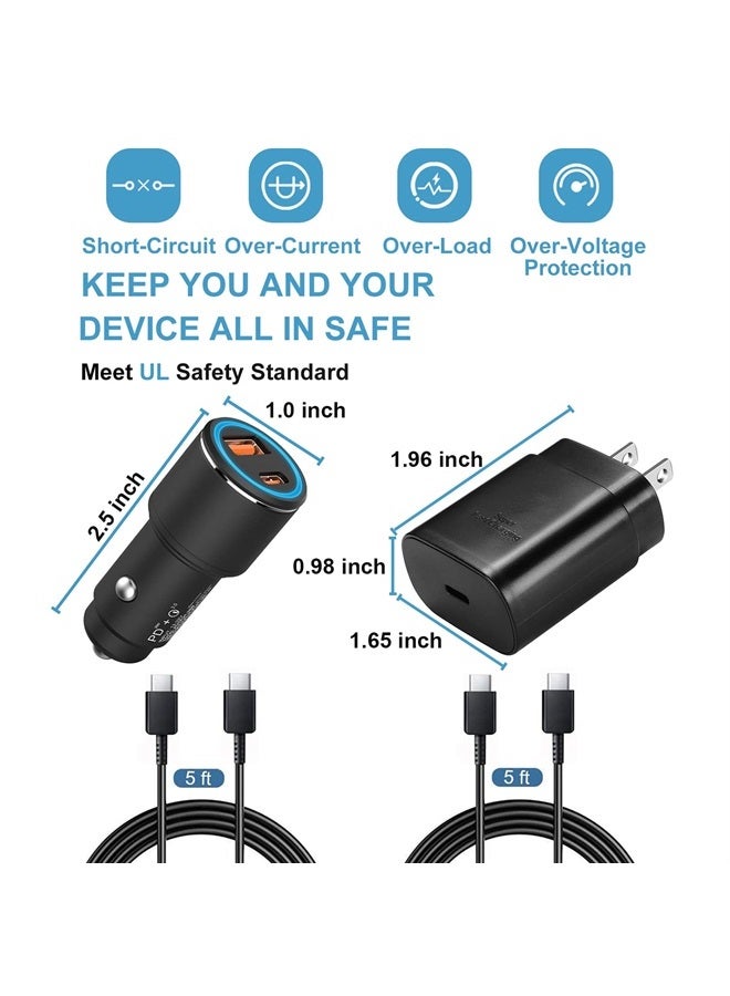 Samsung Super Fast Charger Type C Kit,25W PD Wall/Car Charger for Samsung Galaxy S22/S21/S20/Plus/Ultra/FE/Note 20/10/A71,2020/2018 iPad Pro/Air,with 2X USB C-to-C Cable(5ft)