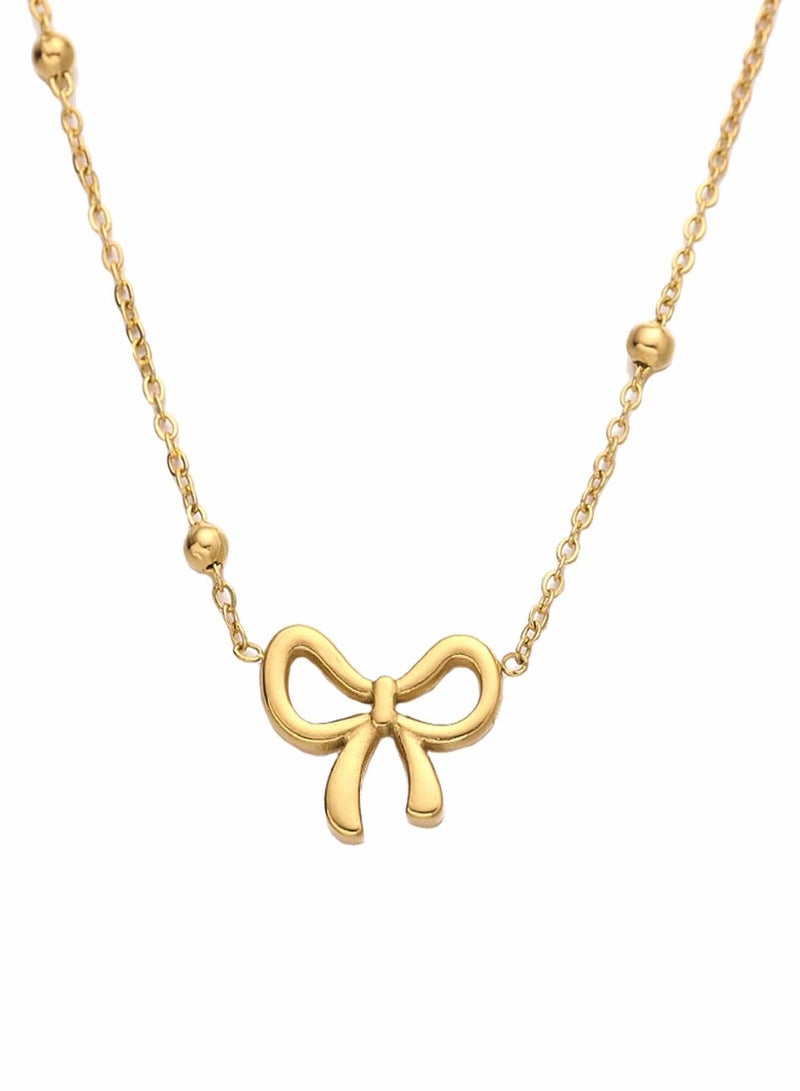 كاف كريشنس عقد أنيق على شكل فيونكة، مصنوع من الفولاذ المقاوم للصدأ مطلي بالذهب عيار 18 قيراط، طول السلسلة 43+5 سم - Image 1