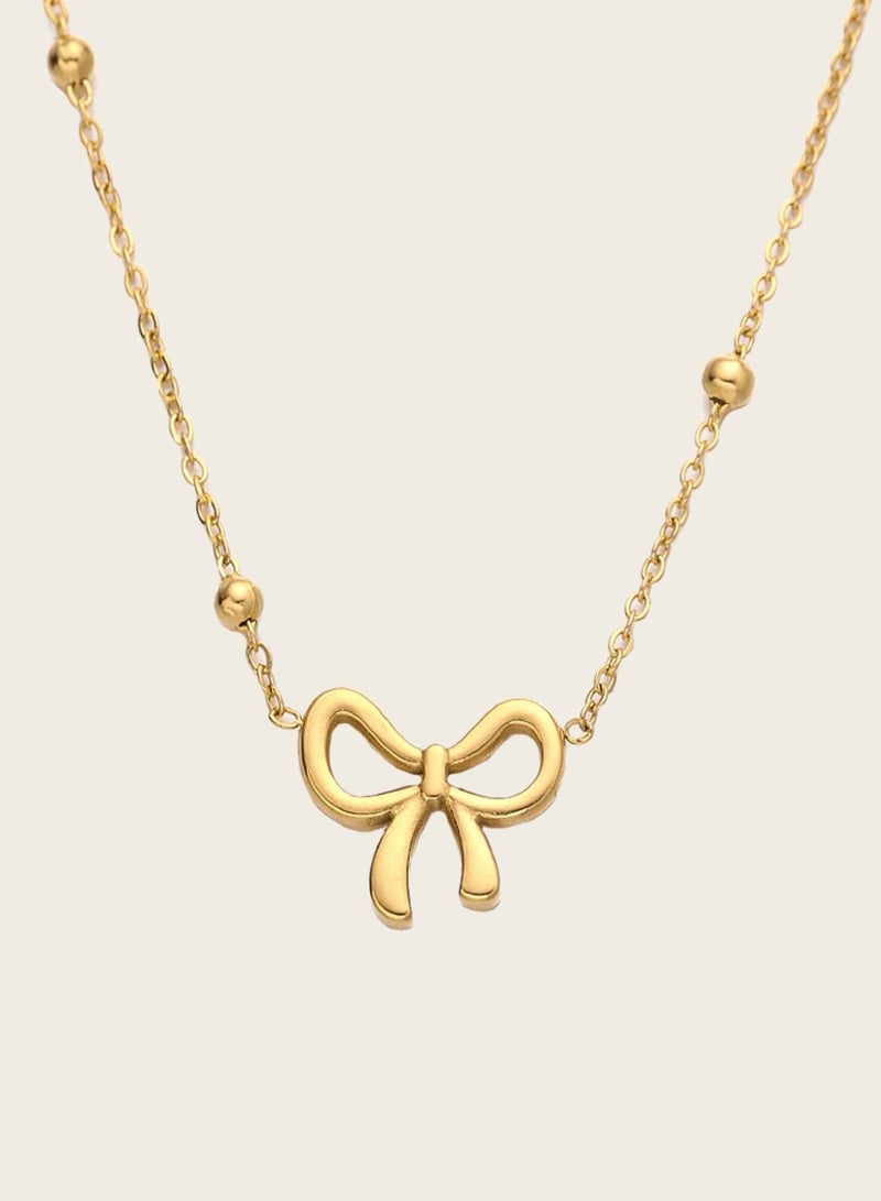 كاف كريشنس عقد أنيق على شكل فيونكة، مصنوع من الفولاذ المقاوم للصدأ مطلي بالذهب عيار 18 قيراط، طول السلسلة 43+5 سم - Image 3