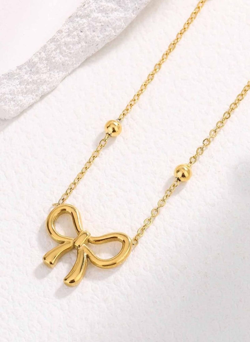 كاف كريشنس عقد أنيق على شكل فيونكة، مصنوع من الفولاذ المقاوم للصدأ مطلي بالذهب عيار 18 قيراط، طول السلسلة 43+5 سم - Image 2