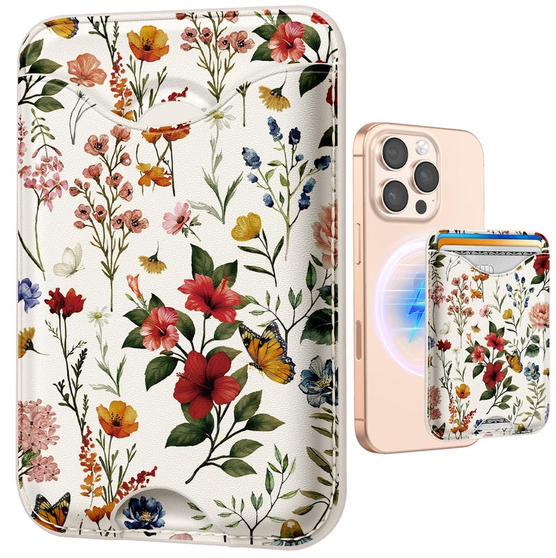 Shorogyt Compatible with Magsafe Wallet Magnetic Card Holder -Vintage Flower Phone Wallets for Women Girls Cute for iPhone 17/16/15/14/13/12 Series Slim for Apple Mag RFID Magnet, Fit 3 Cards - Image 1