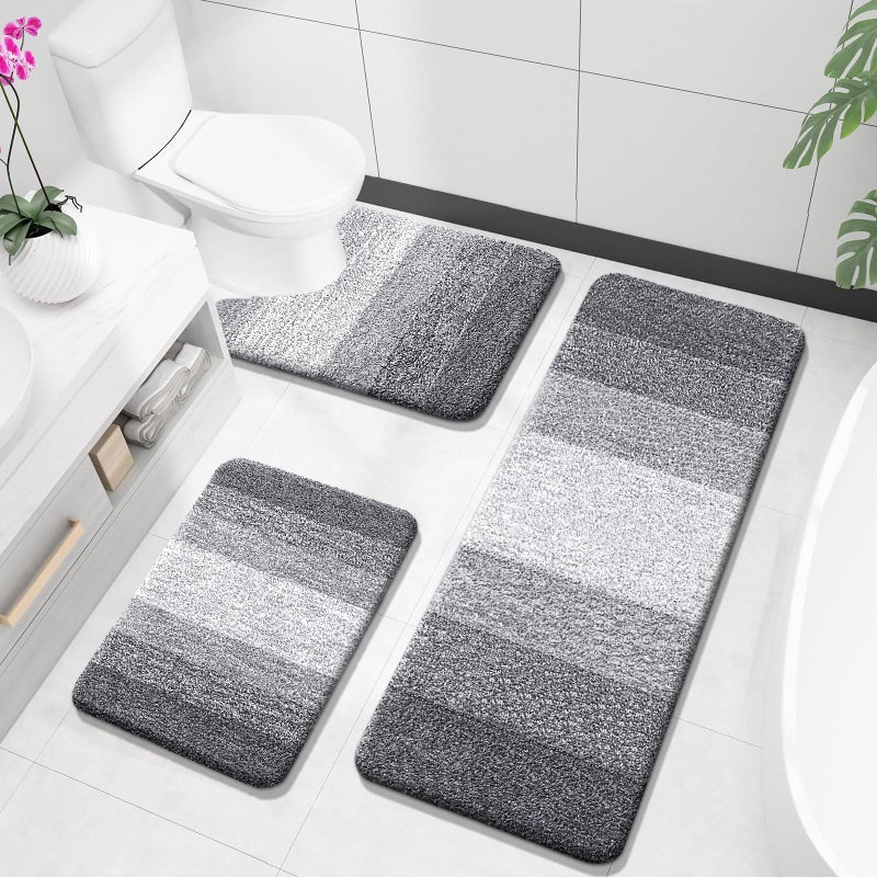 OLANLY Bathroom Rugs Sets 3 Piece Soft Absorbent Microfiber Bath Mats and UShaped Contour Toilet Rug Plush Shaggy Bath Mat Set for Bathroom 47x2024x1624x20 Grey