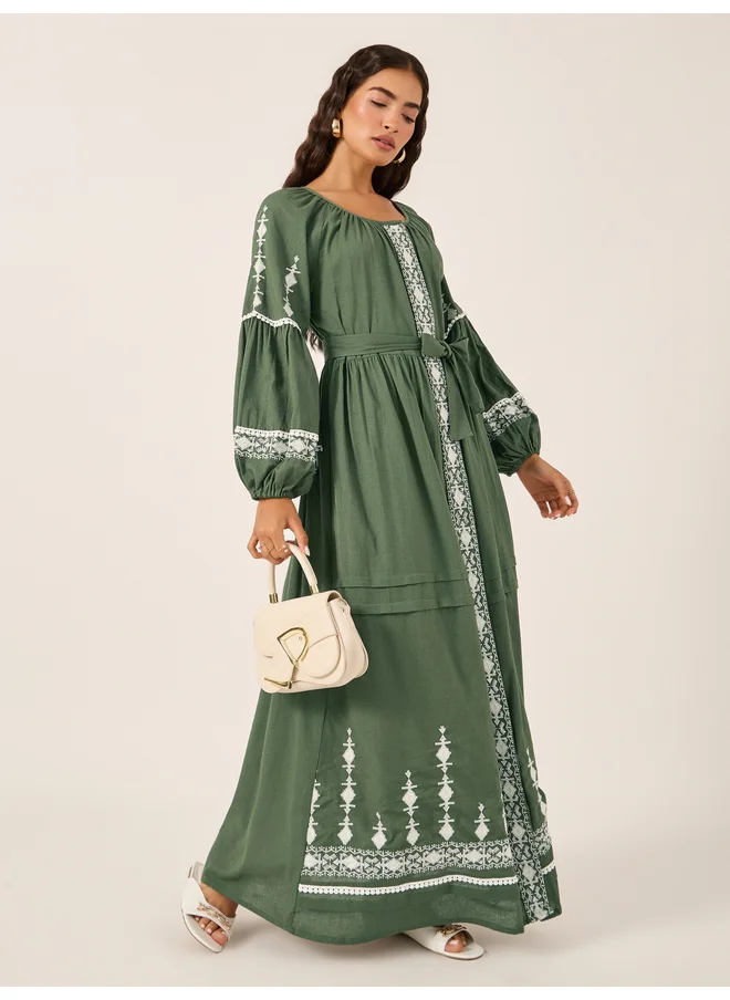 ستايلي Styli Cotton Embroidered Long Sleeves A-Line Maxi Dress