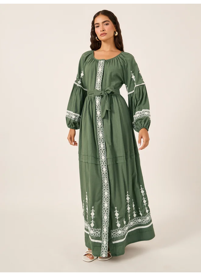 ستايلي Styli Cotton Embroidered Long Sleeves A-Line Maxi Dress