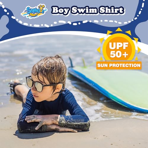 Semois Rash Guard for Boys Long Sleeve Swim Shirt for Toddler Kids 9-10 Years Navy Blue Rashguard Water Swimwear Swimming Shirt UPF+ 50 - Image 2