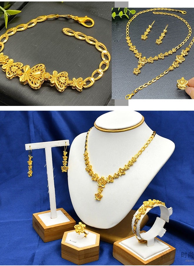 Al Aoyama - Gold Color Long Chain Necklace Rings Bracelets Earrings Set for Lady Wedding Bridal Copper Jewelry Set Party Gifts - Image 1