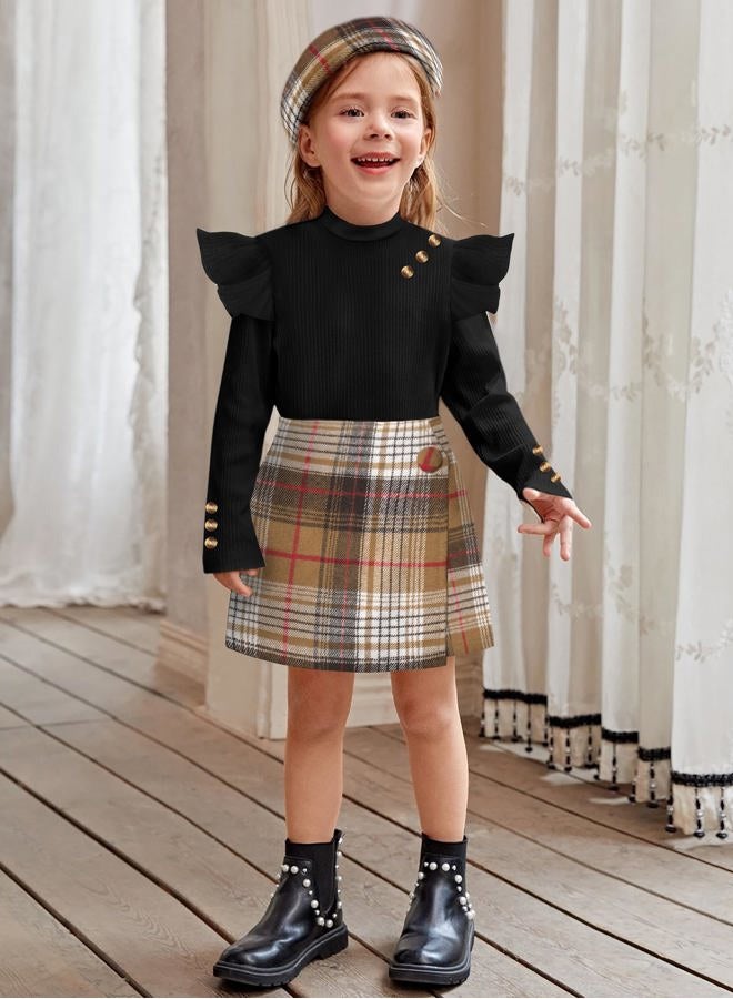 Aulyffo Toddler Girl Clothes,Girls Outfits Long Sleeve Ruffle Button Tops + Plaid Skirt Shorts + Hat 3Pc Little Girls Clothes, Black+brown Plaid, 3-4 years - Image 3