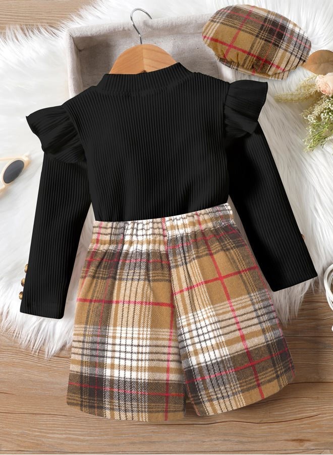 Aulyffo Toddler Girl Clothes,Girls Outfits Long Sleeve Ruffle Button Tops + Plaid Skirt Shorts + Hat 3Pc Little Girls Clothes, Black+brown Plaid, 3-4 years - Image 5
