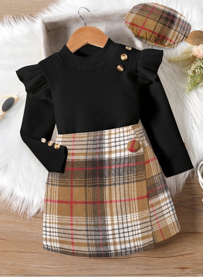 Aulyffo Toddler Girl Clothes,Girls Outfits Long Sleeve Ruffle Button Tops + Plaid Skirt Shorts + Hat 3Pc Little Girls Clothes, Black+brown Plaid, 3-4 years - Image 4