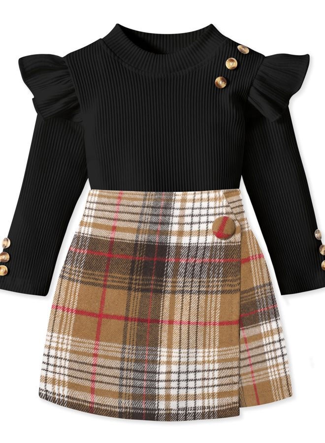 Aulyffo Toddler Girl Clothes,Girls Outfits Long Sleeve Ruffle Button Tops + Plaid Skirt Shorts + Hat 3Pc Little Girls Clothes, Black+brown Plaid, 3-4 years - Image 1