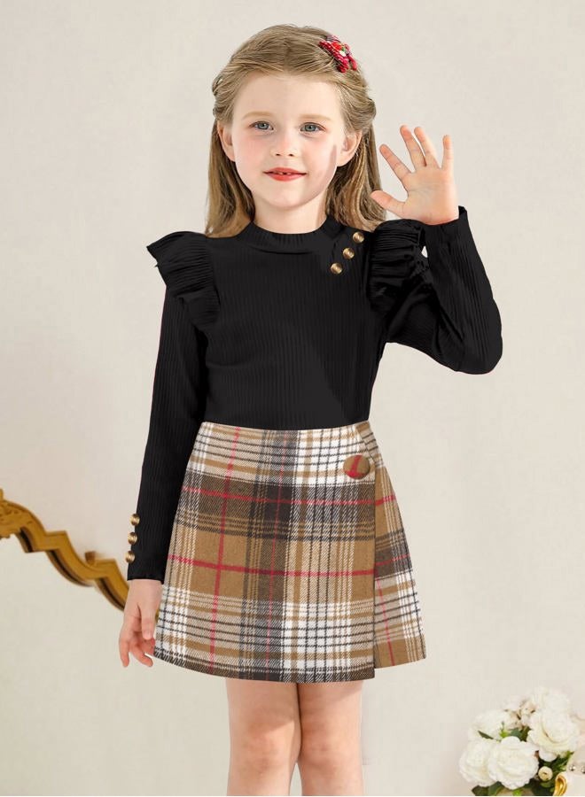 Aulyffo Toddler Girl Clothes,Girls Outfits Long Sleeve Ruffle Button Tops + Plaid Skirt Shorts + Hat 3Pc Little Girls Clothes, Black+brown Plaid, 3-4 years - Image 2