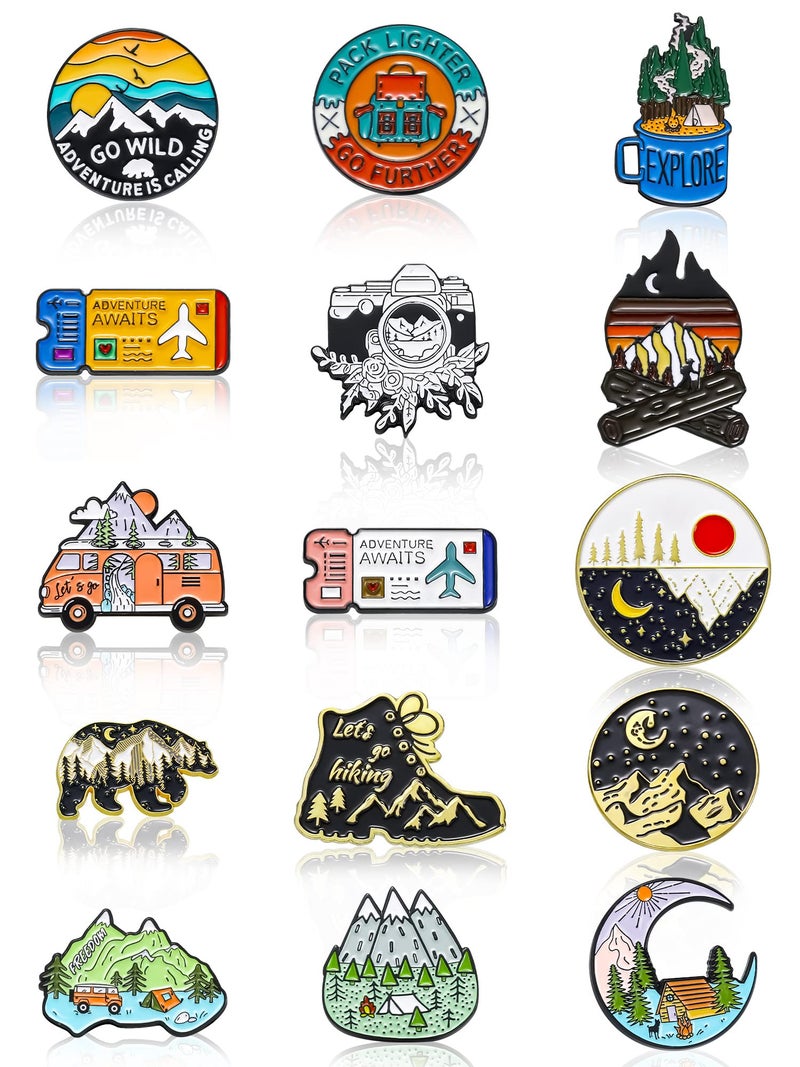 Hanaive 15 Pcs Enamel Pins for Backpack Hat Outdoors Adventure Brooch Pins Cute Camping Lapel Nature Aesthetic Jewelry for Women Men Clothing Bags DIY Crafts Gifts - Image 1