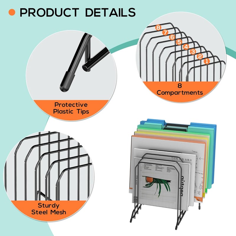 MINDEPOT Incline Sorter Desk File Organizer, Metal Desk Magazine Folder Holder with 8-Section Vertical Compartments Rack File Organizer for Office, Home, School (Black, 2Pack) - Image 5