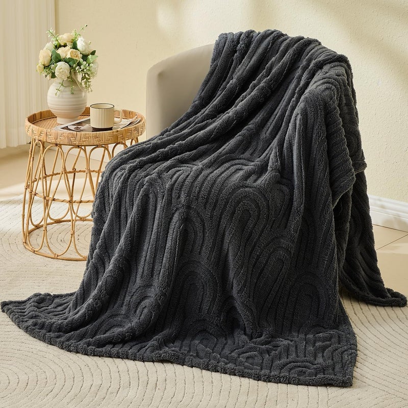 Wajade Fleece Throw Blanket, Fluffy Faux Fur Blanket for Bed Sofa Couch, Soft Warm Thick Blanket,Dark Grey 127x178 - Image 1