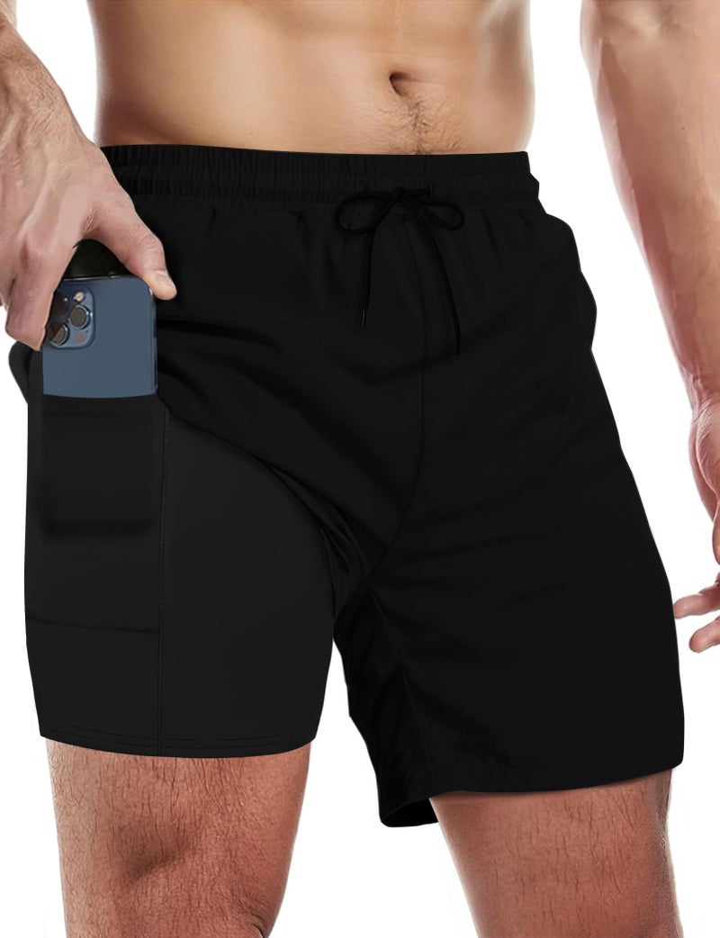 Buauty Mens Swim Trunks with Compression Liner 5 Inch Inseam Quick Dry Swim Shorts Mens Swimsuit Board Shorts with Pockets Black - Image 1