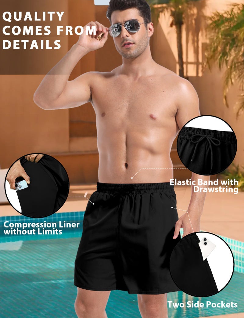 Buauty Mens Swim Trunks with Compression Liner 5 Inch Inseam Quick Dry Swim Shorts Mens Swimsuit Board Shorts with Pockets Black - Image 4