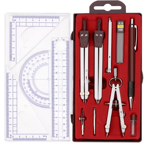 Ysglory Compass Geometry Tool, 13PCS Compass and Protractors Set Math Geometry Drawing Tool Precision Set Graphic Compasses Triangle Rulers Pencils Protractor with Storage Case (Brown) - Image 1