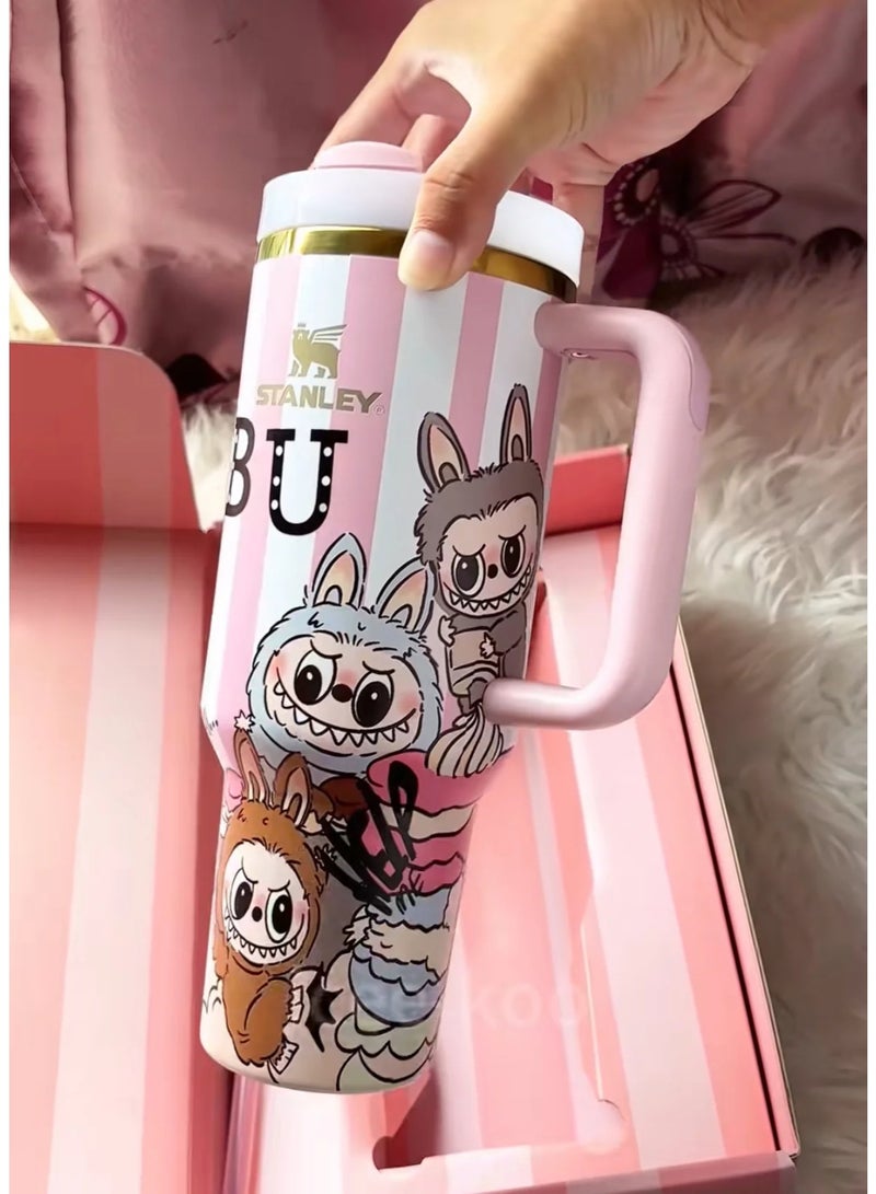 Stanley Flow State 40oz LABUBU Pink Stripes Tumbler, Vacuum Insulated Stainless Steel Quencher with Lid, Straw & Stopper, Keeps Drinks Cold for Hours, Perfect for Water, Iced Tea & Gifting - Image 4