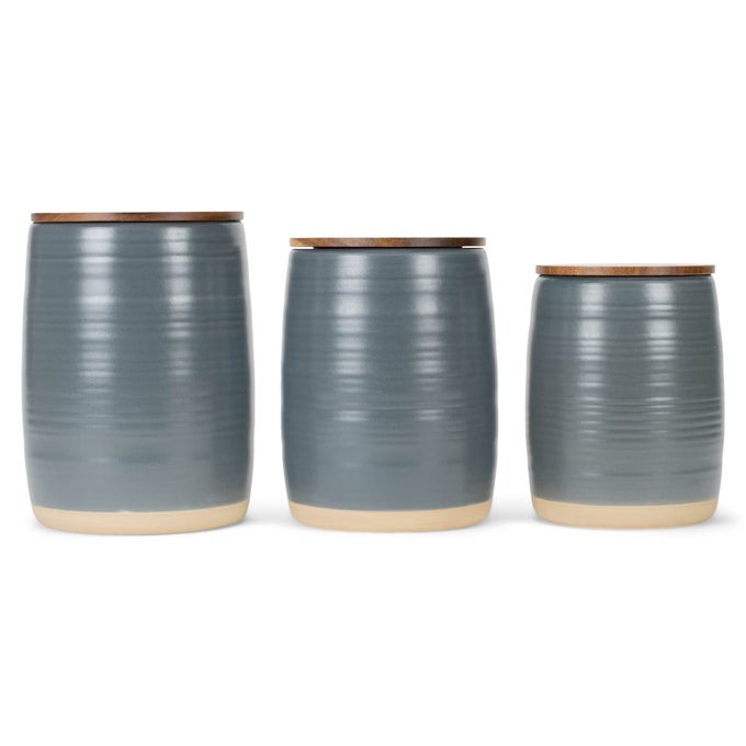 NAT JULES LIDDED GREY 6 INCH CERAMIC AND WOOD KITCHEN CANISTERS SET OF 3