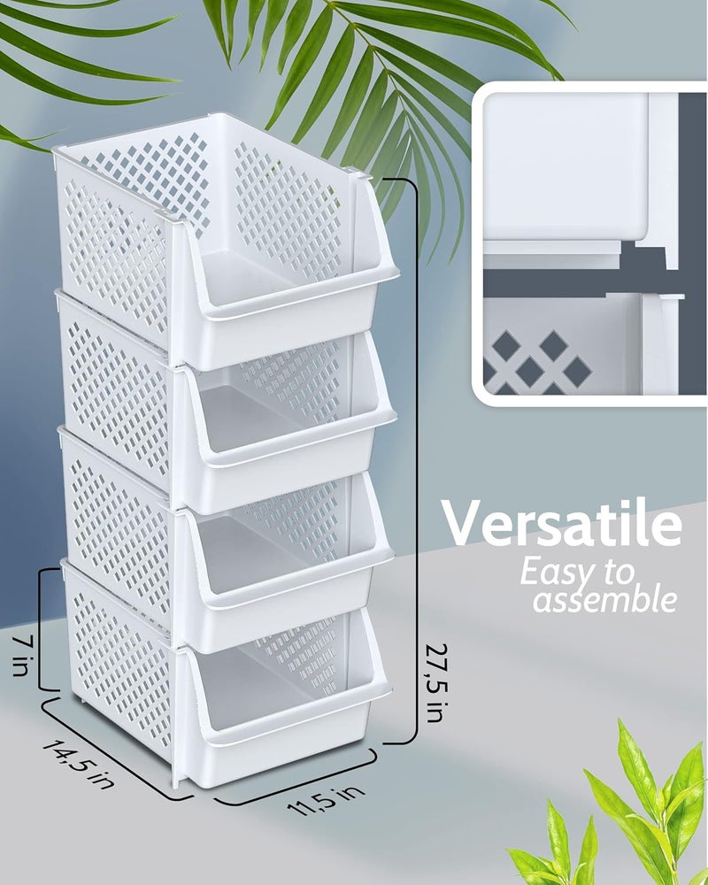 Skywin TidyFriend Stackable Storage Bins for Pantry - 4-Pack Stackable Bins For Organizing Food, Kitchen, and Bathroom Essentials (White) | Sturdy Plastic, Easy Stacking, Open Front Access, Ventilated Sides, Vertical & Space Saving Pantry Organizers and Storage Bin - Image 3