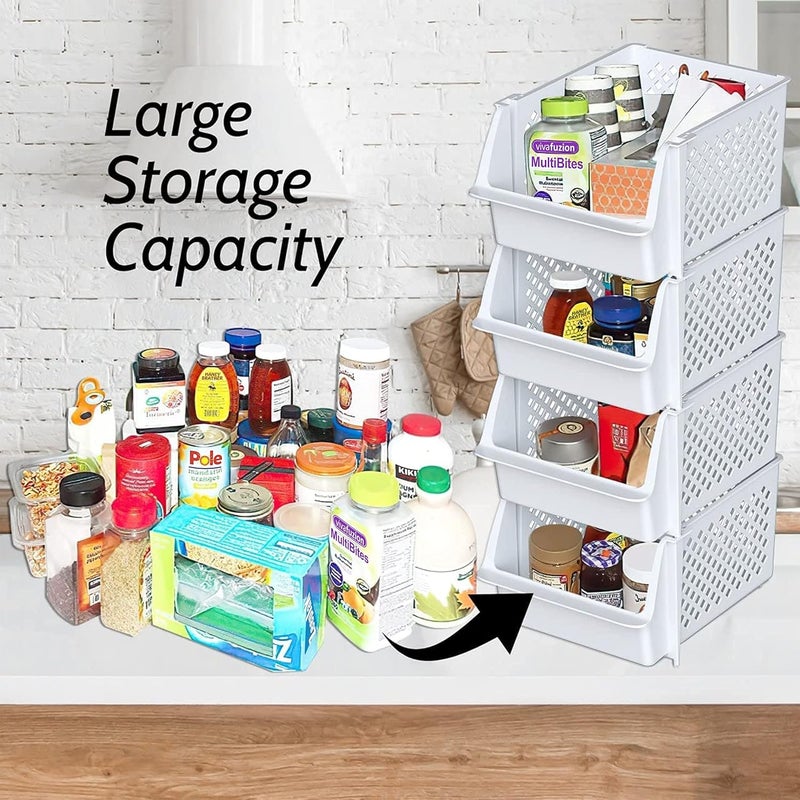 Skywin TidyFriend Stackable Storage Bins for Pantry - 4-Pack Stackable Bins For Organizing Food, Kitchen, and Bathroom Essentials (White) | Sturdy Plastic, Easy Stacking, Open Front Access, Ventilated Sides, Vertical & Space Saving Pantry Organizers and Storage Bin - Image 2