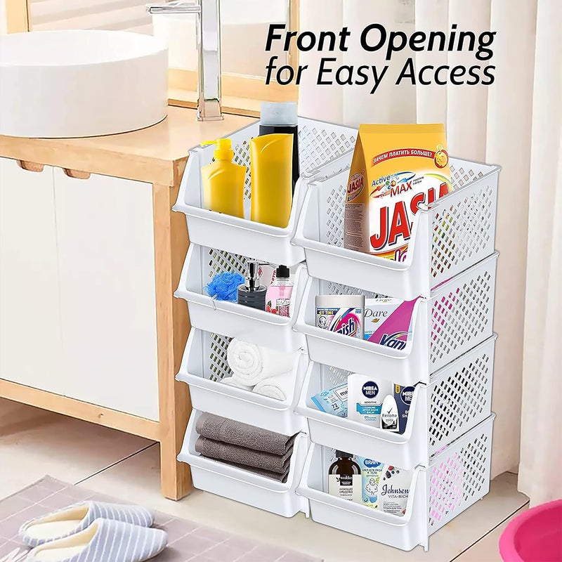Skywin TidyFriend Stackable Storage Bins for Pantry - 4-Pack Stackable Bins For Organizing Food, Kitchen, and Bathroom Essentials (White) | Sturdy Plastic, Easy Stacking, Open Front Access, Ventilated Sides, Vertical & Space Saving Pantry Organizers and Storage Bin - Image 4
