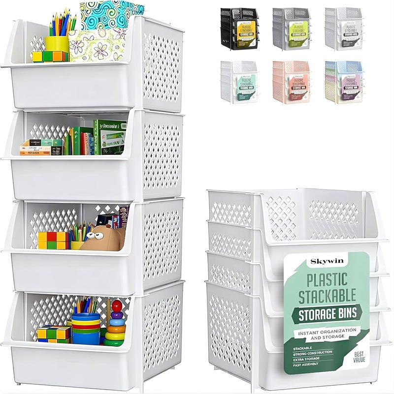 Skywin TidyFriend Stackable Storage Bins for Pantry - 4-Pack Stackable Bins For Organizing Food, Kitchen, and Bathroom Essentials (White) | Sturdy Plastic, Easy Stacking, Open Front Access, Ventilated Sides, Vertical & Space Saving Pantry Organizers and Storage Bin - Image 1