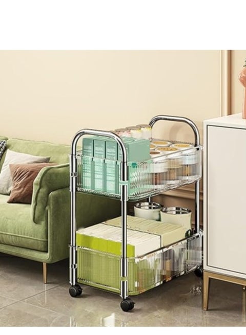 2-Tier Acrylic Storage Rolling Cart Clear Bathroom Cart Organizer with 2 Hanging Baskets