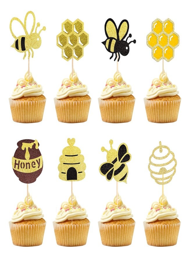 Pretyps 32 PCS Bumble Bee Cupcake Toppers Glitter Heart Honeycomb Bee Cupcake Picks BaBy Shower Cake Decorations for Bee Theme Baby Shower Kids Birthday Party Supplies - Image 1