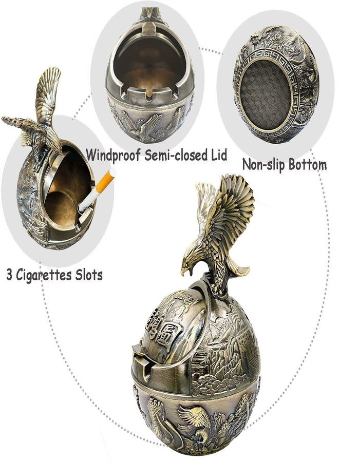 Hourwof Windproof Ashtray with Lid for Cigarettes,Metal Vintage Ashtrays for Outdoor Indoor Home Decor,Decorative Smokeless Ashtray,Bronze Eagle - Image 3