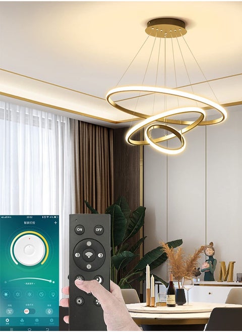 ثريات LED حديثة ذكية، 3 حلقات LED قلادة ضوء لاعبا أساسيا عكس الضوء LED دائري معاصر مع تطبيق BT اللاسلكي الذكي للتحكم عن بعد 3 ألوان في واحد 72 وات مصباح سقف ثريا LED