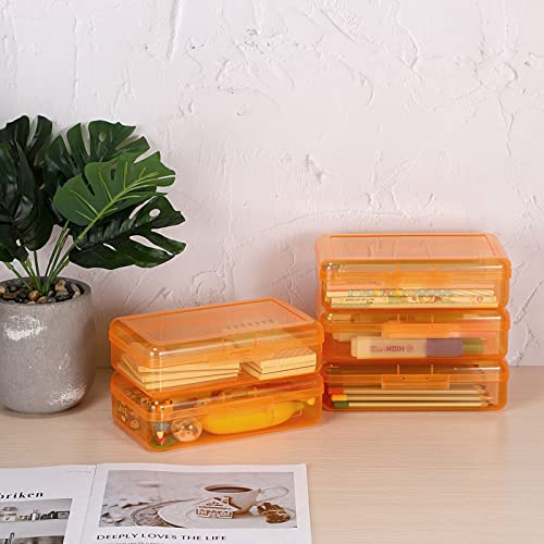 BTSKY 5 Pack Multipurpose Utility Storage Box- Large Capacity Pencil Box Stackable with Snap Lid Closure Pencil Holder Plastic Pencil Box for Organize Pencils Watercolor Pens (Orange) - Image 3