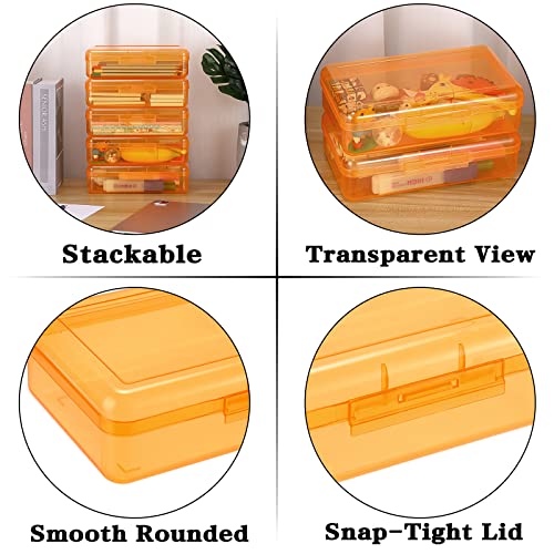 BTSKY 5 Pack Multipurpose Utility Storage Box- Large Capacity Pencil Box Stackable with Snap Lid Closure Pencil Holder Plastic Pencil Box for Organize Pencils Watercolor Pens (Orange) - Image 4