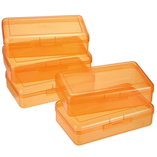 BTSKY 5 Pack Multipurpose Utility Storage Box- Large Capacity Pencil Box Stackable with Snap Lid Closure Pencil Holder Plastic Pencil Box for Organize Pencils Watercolor Pens (Orange) - Image 1