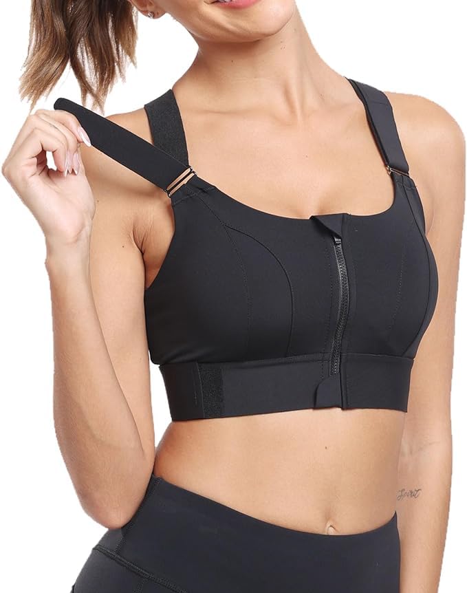 PLUMBURY Women's Padded Front Zip Plus Size Full Coverage High Support Velcro Adjustable Polyester Sports Bra For Workout Gym, Size L, Black - Image 1