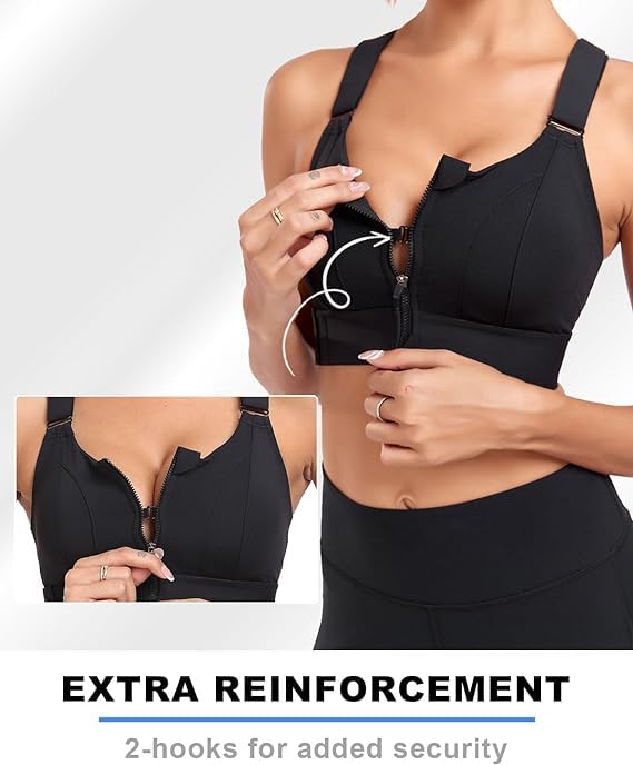 PLUMBURY Women's Padded Front Zip Plus Size Full Coverage High Support Velcro Adjustable Polyester Sports Bra For Workout Gym, Size L, Black - Image 5