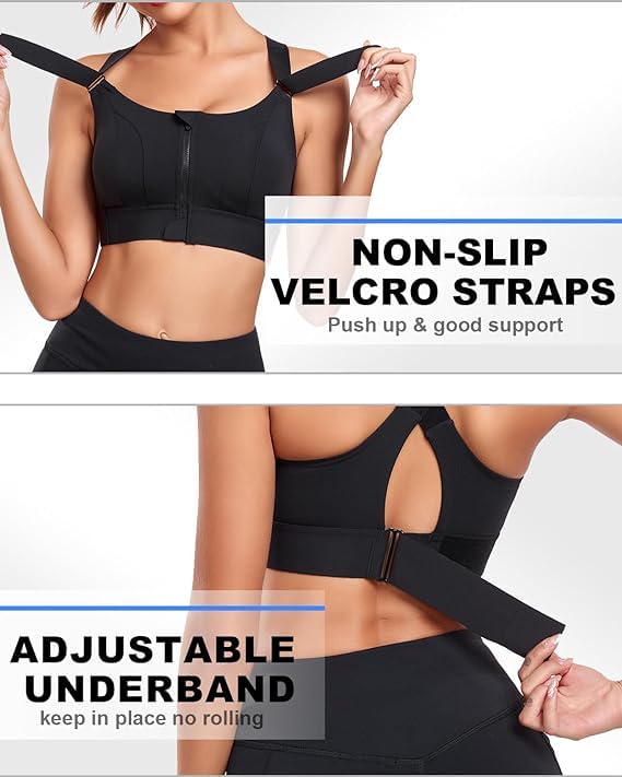 PLUMBURY Women's Padded Front Zip Plus Size Full Coverage High Support Velcro Adjustable Polyester Sports Bra For Workout Gym, Size L, Black - Image 2
