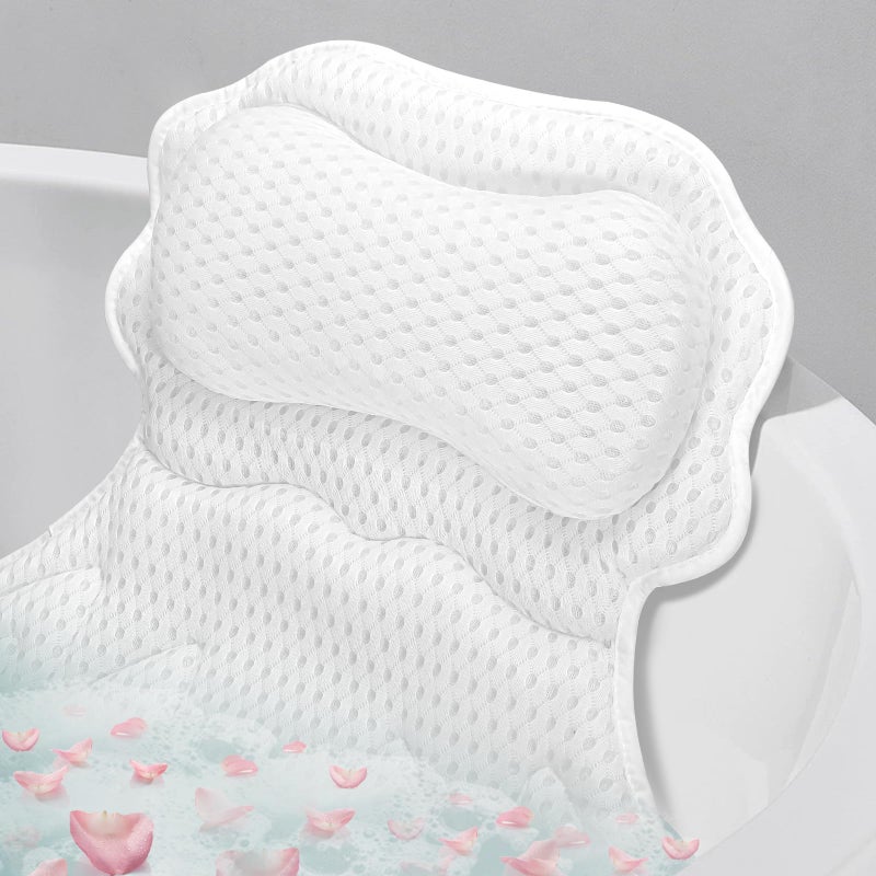 SetSail Bath Pillow Relaxing Bath Pillows for Tub Neck and Back Support Soft 4D Breathable Air Mesh Ergonomic Bathtub Pillow with 6 Strong Suction Cups and Hook Luxury Bathroom AccessoriesWhite