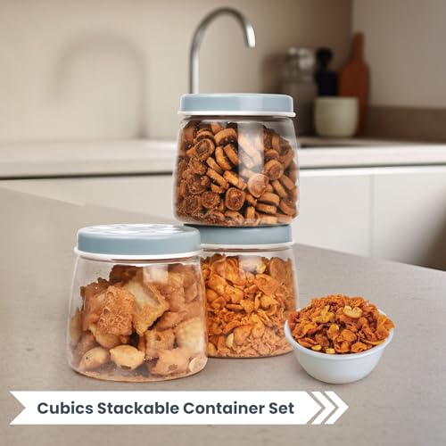 FLAIR Cubics Airtight Food Storage Containers Set of 3 (1000ml each) with Spoon - Blue, BPA-Free, PET Plastic Jars, Space-Saving for Pantry, Snacks - Image 4
