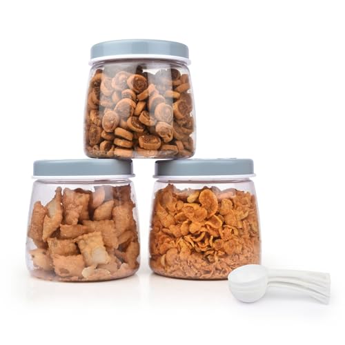 FLAIR Cubics Airtight Food Storage Containers Set of 3 (1000ml each) with Spoon - Blue, BPA-Free, PET Plastic Jars, Space-Saving for Pantry, Snacks - Image 1