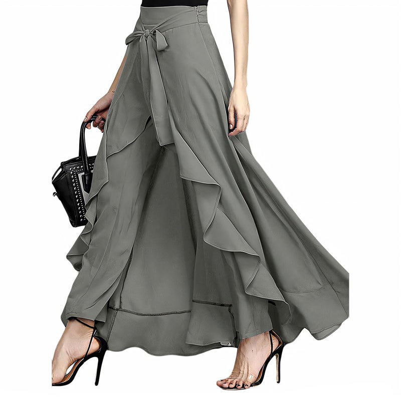 Meichoon Women's Ruffle Pants High Waist Trousers Casual Maxi Long Pant Skirts Grey Small - Image 1