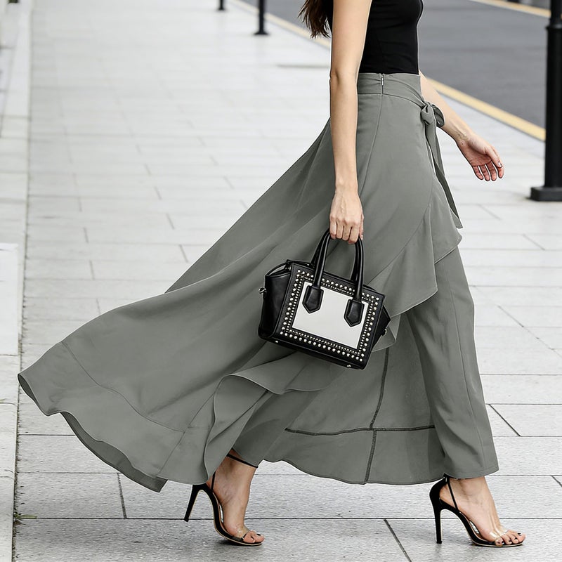 Meichoon Women's Ruffle Pants High Waist Trousers Casual Maxi Long Pant Skirts Grey Small - Image 2
